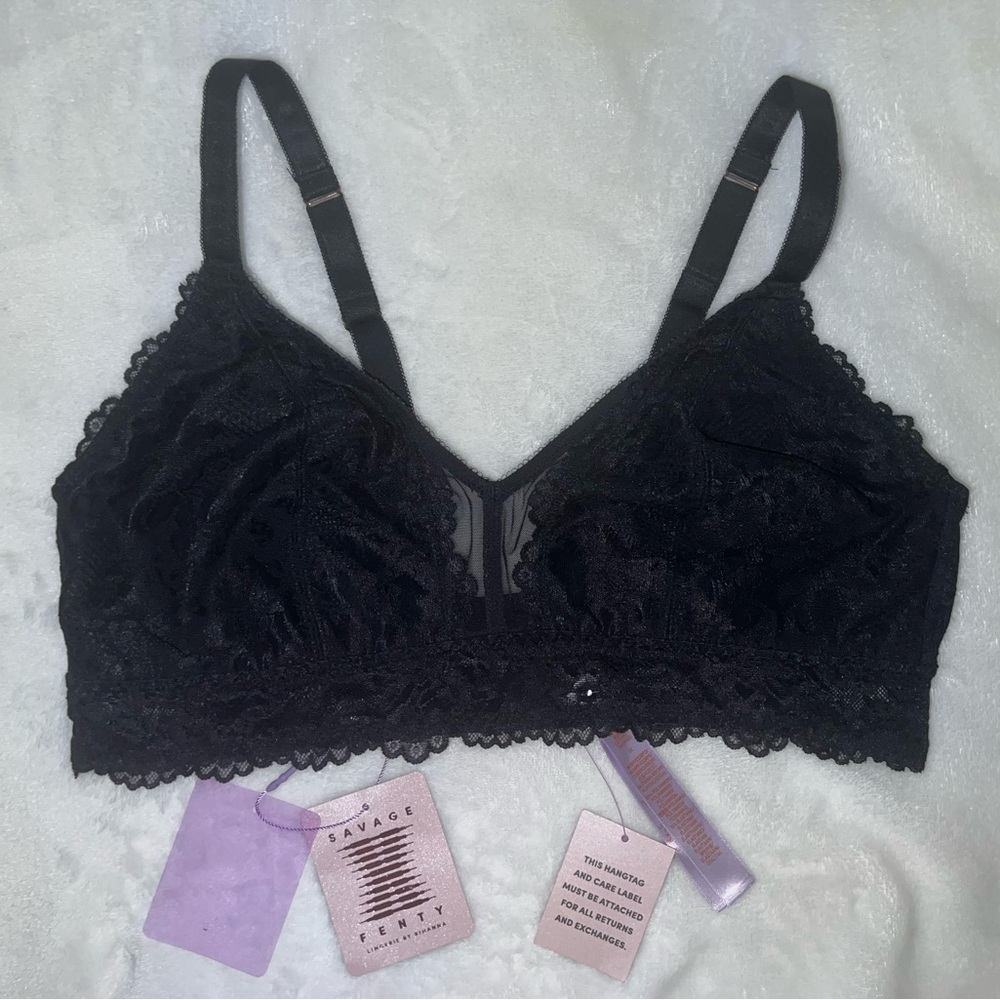 Savage X Fenty Floral Lace & Mesh Black Lace Bra/Bralette